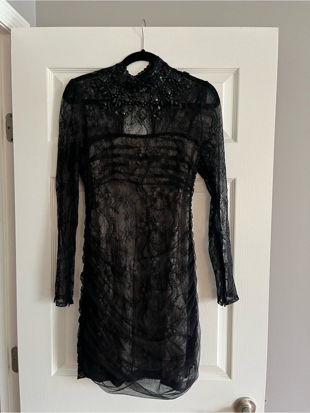 bebe Black Lace Long-Sleeve Beaded Neck Dress
